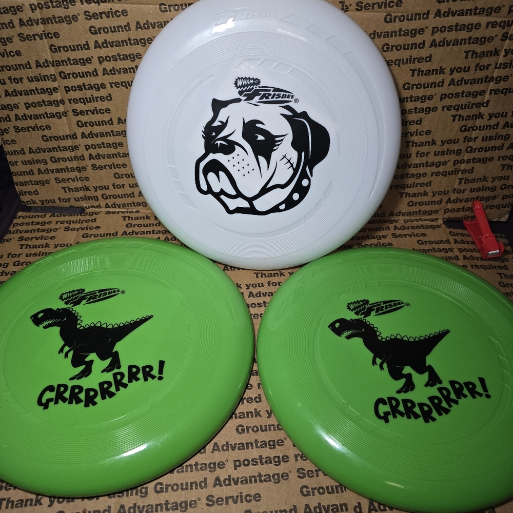 Lot of 3 Wham-O Frisbees/Flying Discs-Dinosaurs/Bulldog-White/Green-Sports, Toy